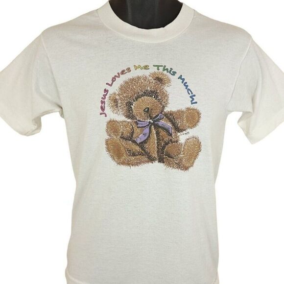 Christian T Shirt Vintage 90s Jesus Loves Me This Much Made In USA Mens Small - Picture 1 of 7